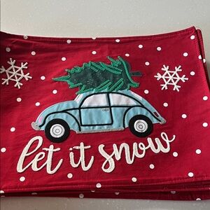 Festive Red Holiday Placemat with Car and Tree Design